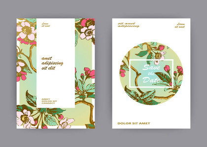 植物婚礼邀请卡模板设计，手工绘制的樱花枝叶，复古乡村樱花绿金圈背景，复古彩纸色矢插图。