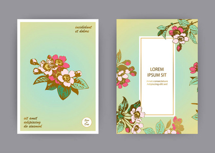 植物婚礼邀请卡模板设计，手工绘制的樱花枝叶，复古乡村樱花绿金背景，复古风格粉彩矢量插图