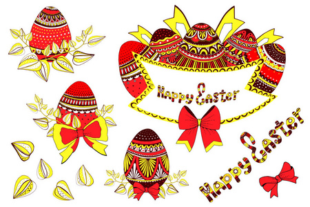 矢量快乐复活节模板与鸡蛋, 鲜花, 花卉树枝, 和排版设计。适合春季和复活节贺卡和请柬