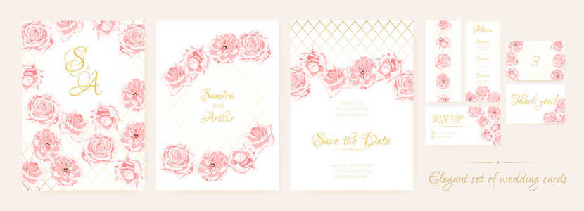 婚礼卡片设置精致的粉红玫瑰