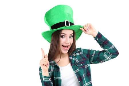 s Day. Beautiful woman wearing green hat on white background