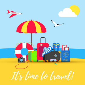 时间旅行暑假海滩假期海报或横幅平面风格设计矢量插图概念孤立的海洋背景。 文本飞机拖鞋，行李箱，娱乐票标志。