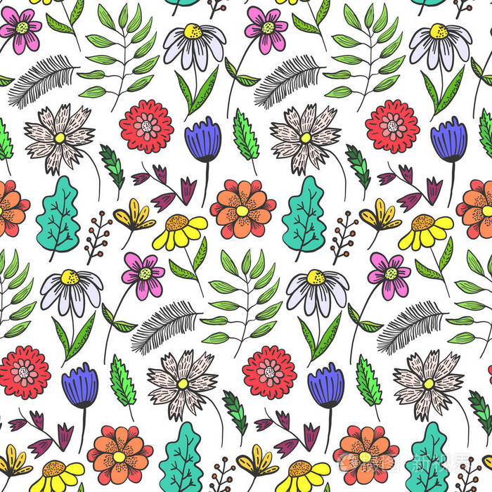 明亮的涂鸦花卉图案与五颜六色的花朵