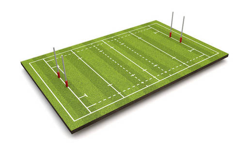 橄榄球球场有线条和目标。 3D渲染