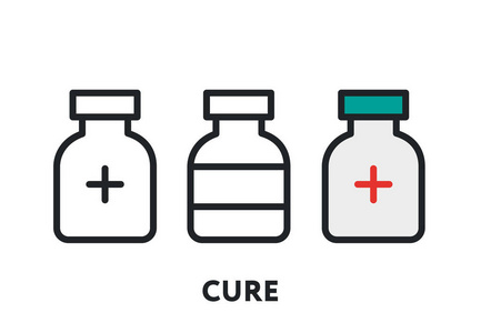 治愈药物药丸瓶塑料瓶容器。 矢量平线笔画图标