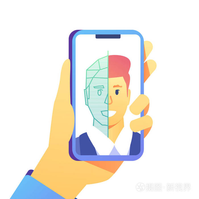 人脸识别系统. 手持智能手机与人头和扫描应用程序在屏幕上.