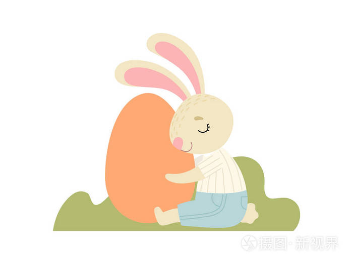 快乐可爱的兔子拥抱大鸡蛋快乐复活节贺卡设计元素邀请海报横幅向量