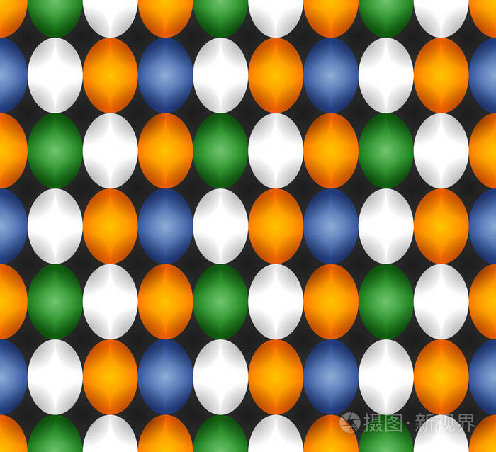 椭圆形抽象几何形状的无缝图案,内部以蓝色,白色,绿色和橙色的纯色