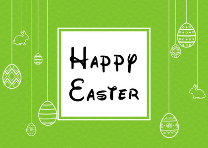 复活节背景与白色的蛋, 兔子和祝愿复活节快乐。复活节设计模板。向量