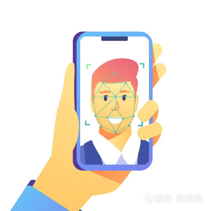 面部识别概念人脸识别系统手持智能手机与人头和扫描应用程序在屏幕上