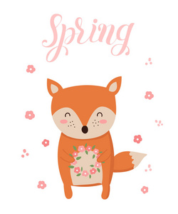 矢量海报与卡通可爱的狐狸和春天的口号。 完美的婴儿淋浴明信片标签小册子传单页横幅设计。 春天假期