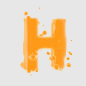 三维字母h大写。 橙汁字体与水滴隔离在白色背景上。 三维渲染。