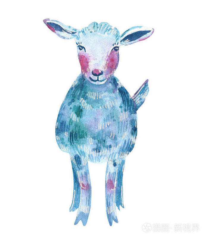 蓝色,梦幻,可爱的小山羊,蓝色,紫色,粉红色,手绘水彩插图