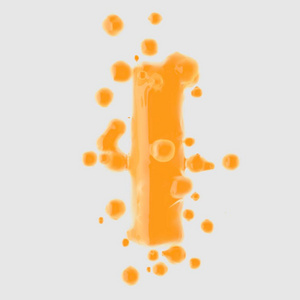 三维字母I大写。橙色果汁字体与滴隔离在白色背景。3D渲染。