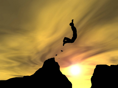 概念,概念,年轻的3d插图,人物或商人的剪影,从悬崖上跳,从悬崖上跳,从