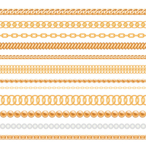 一套金链和绳索在白色查出。用于设计的无缝画笔