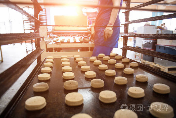 托盘饼干从面团到特殊的立场, 在面包店工厂的炉子做饭.