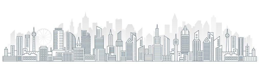 平行线城市景观全景。房地产和城市建设概述标题概念与现代摩天大楼向量例证