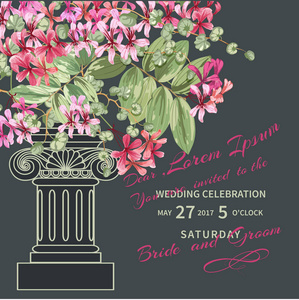 婚礼邀请与热带花叶花束和老式建筑柱