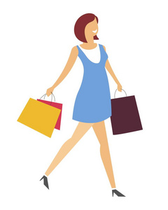 女性角色购物狂购买携带包裹与衣服和货物买家或客户夏季销售女孩与包