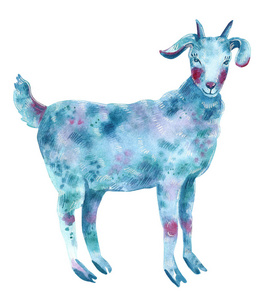 蓝色,梦幻,可爱,山羊,蓝色,紫色,粉红色,手绘水彩插图照片