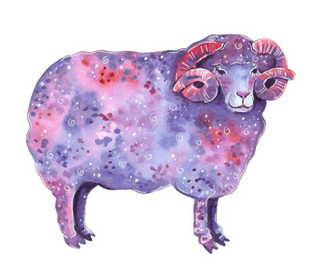 手工水彩生日贺卡蓝色,梦幻,可爱,美利奴羊,蓝色,紫色,粉红色,手绘