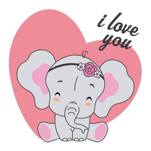 可爱的大象，有花头带和心脏背景