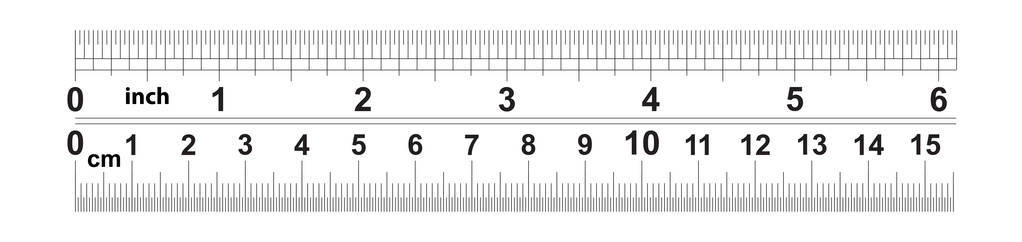尺子6英寸。 尺子15厘米。 按英寸和0.5毫米划分的32个师的值。 精确长度测量装置。 校准网格。