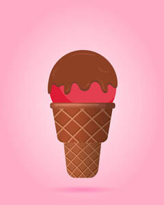 红色冰淇淋与巧克力顶部华夫饼杯, 乳制品。冰淇淋勺子图像在扁平的风格。向量例证