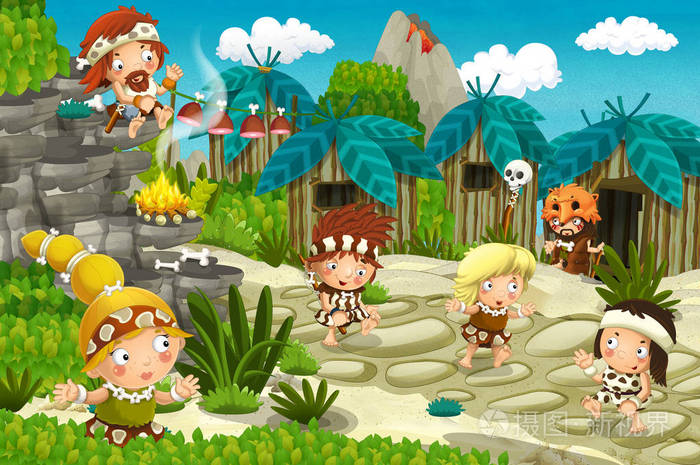 卡通洞穴人村场景背景为火山石时代儿童插图