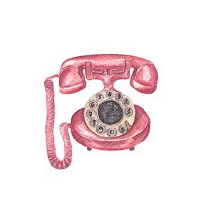 老式粉红色电话。 手绘水彩插图。老式手机风格。