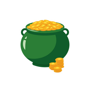 绿色锅充满了金币与三叶草标志传统的象征圣帕特里克节在扁平的样式