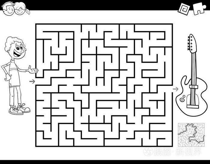 黑白卡通插图教育迷宫或迷宫活动游戏儿童与电吉他乐器着色书