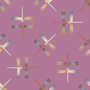 无缝抽象图案与蜻蜓矢量插图。 卡片邀请图案包装纸纺织织物