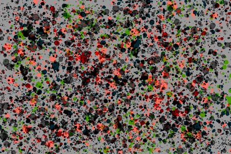 活珊瑚色的2019年。明亮的黑色，绿色和珊瑚随机圆形油漆溅在灰色背景上。网页设计数码印刷时尚或概念设计的抽象色彩纹理