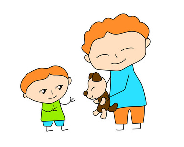 白色背景上彩色家庭场景矢量插图。父亲把小狗送给儿子。父母和孩子幼稚的风格涂鸦。幸福的家庭童年剪贴画。可爱的字符概述图标