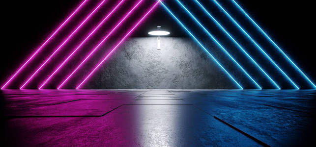 霓虹灯三角形S CIFI现代未来派外星紫粉蓝色发光激光LE D灯空间背景格栅反射混凝土瓷砖3绘制插图