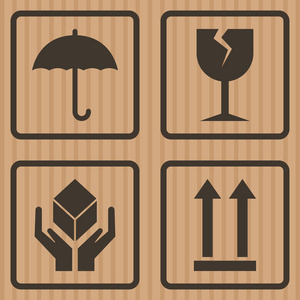 纸板箱上易碎的符号. 矢量插图纸箱上的包装标记特写视图.