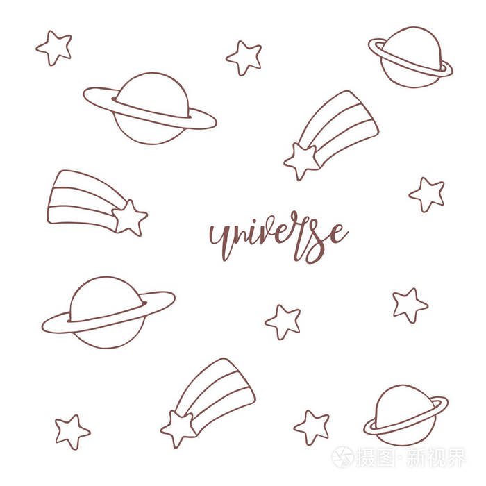 空间物体手绘的速写宇宙在白色背景