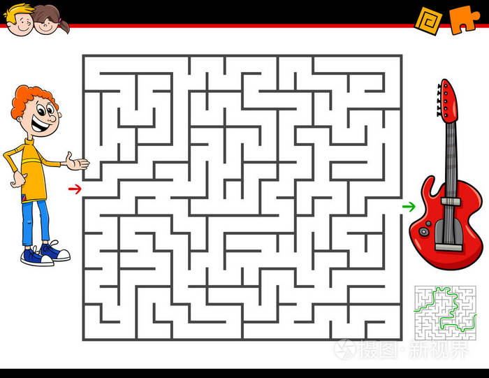 卡通插图教育迷宫或迷宫活动游戏的儿童与男孩和电吉他乐器