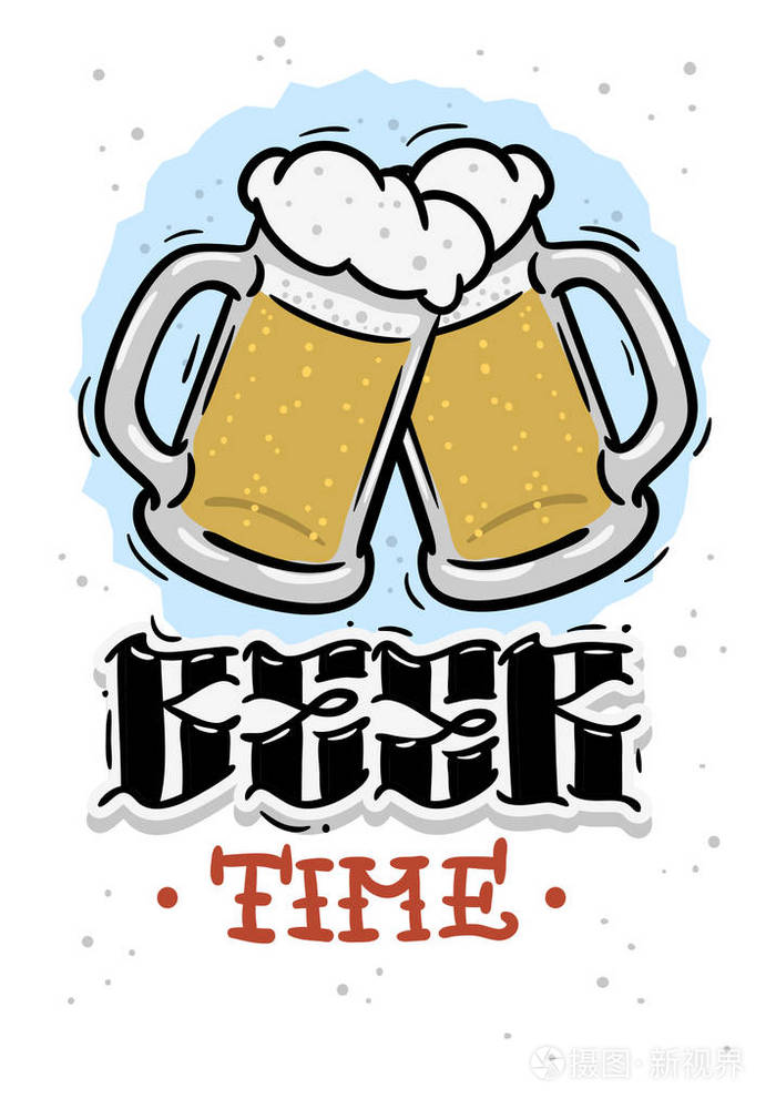 啤酒时间手绘设计与啤酒杯插图上的白色背景矢量图形插画-正版商用