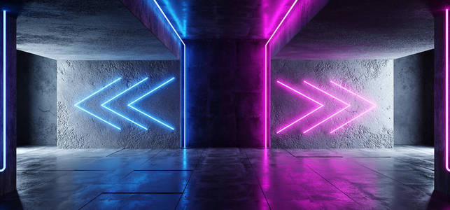 科幻箭头形状霓虹灯网络未来现代复古外星舞蹈俱乐部发光紫粉红色蓝色灯在暗空格混凝土反光室走廊背景3渲染插图。