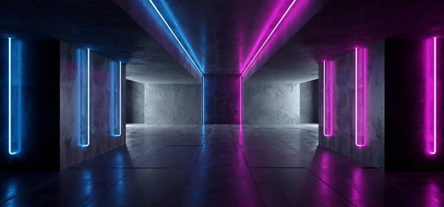 科幻霓虹灯网络未来现代复古外星舞蹈俱乐部发光紫粉红色蓝色灯在暗空格混凝土反光室走廊背景3渲染插图。