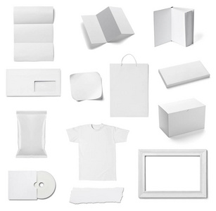 在白色背景上收集各种白色业务打印模板。 每张都是分开拍摄的