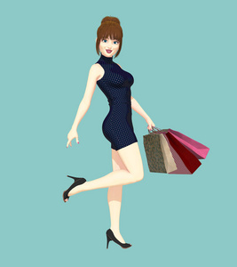 一个美丽的年轻微笑的女人拿着购物袋的插图。 一个系列。 理想的可爱和调情的书封面艺术，以及一系列其他设计用途。