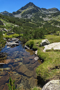 保加利亚Pirin山Valyavitsa河和Valyavishkichukar峰夏季景观