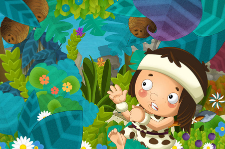 丛林中洞穴人野蛮猎人的卡通场景儿童插图