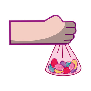 手与糖果杏仁内袋矢量插图照片