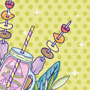 夏日时光果汁卡，可爱卡通矢量插图，平面设计