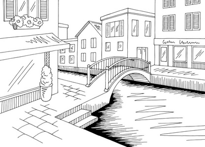 高清黑白街图老街河平面黑白城市景观素描插图载体照片